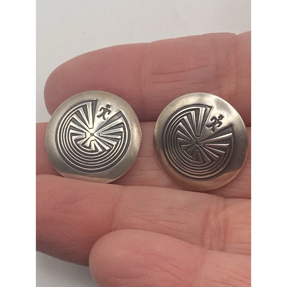 Round Native American "Man In A Maze" Silver Unmarked Stud Earrings